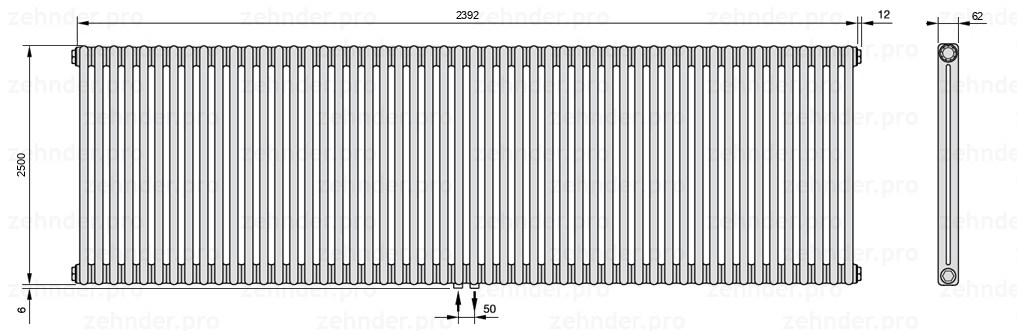 Схема (чертеж) Радиатор Zehnder Charleston 2250/52 №3470 Белый глянцевый RAL 9016